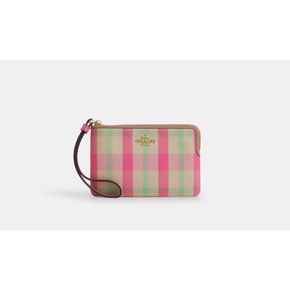 NWT Coach CBP18 Corner Zip Wristlet With Plaid IM/Pink Multi Gold Hardware - Picture 3 of 6